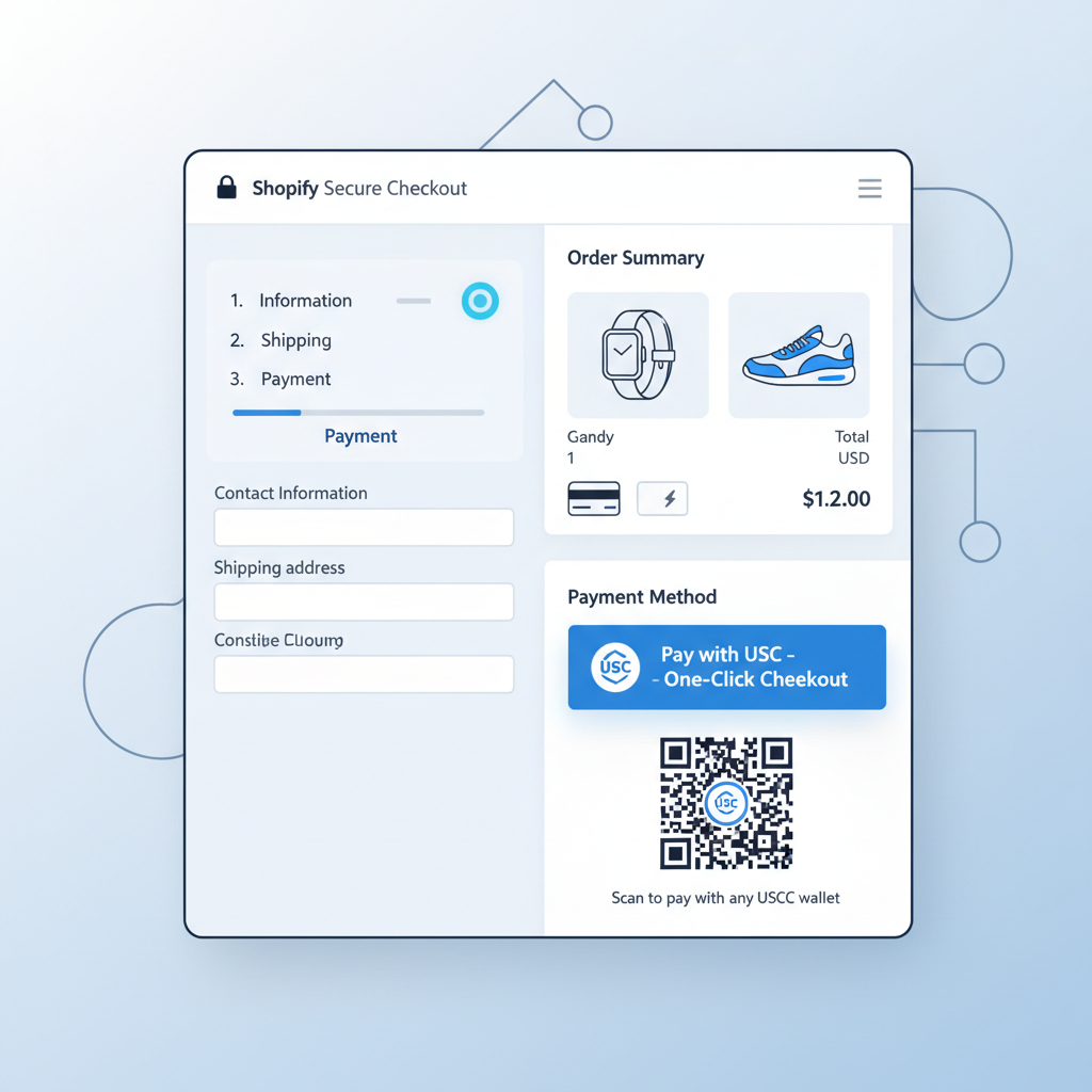 modern Shopify checkout page with prominent USDC one-click button and QR code, clean ecommerce UI, crypto accents