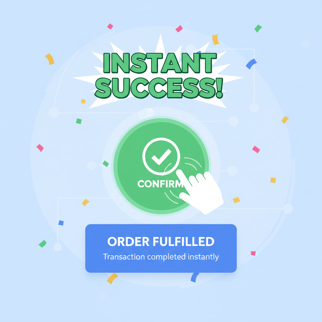 one-click USDC confirm button tapped, instant success animation with order fulfilled screen, celebratory confetti
