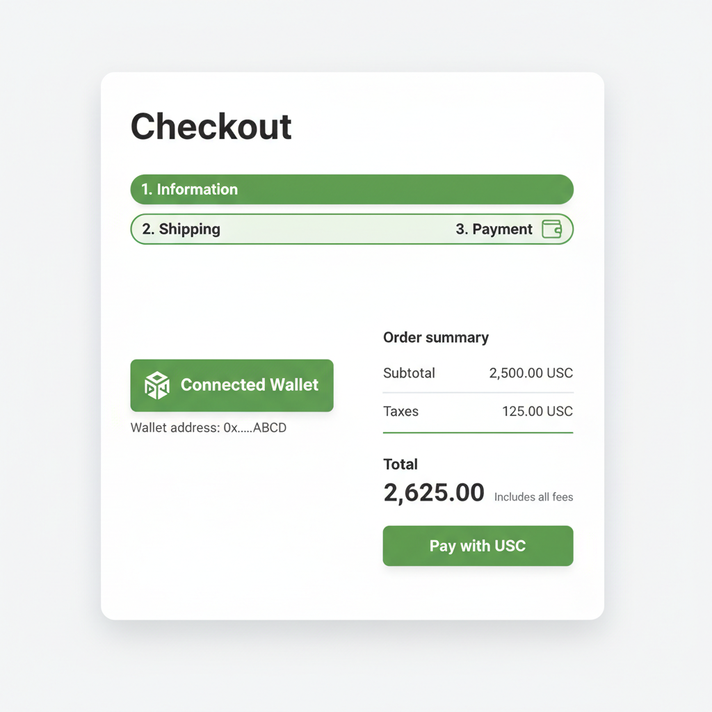 Shopify checkout screen with connected wallet, precise USDC total with taxes displayed, green highlights, professional design
