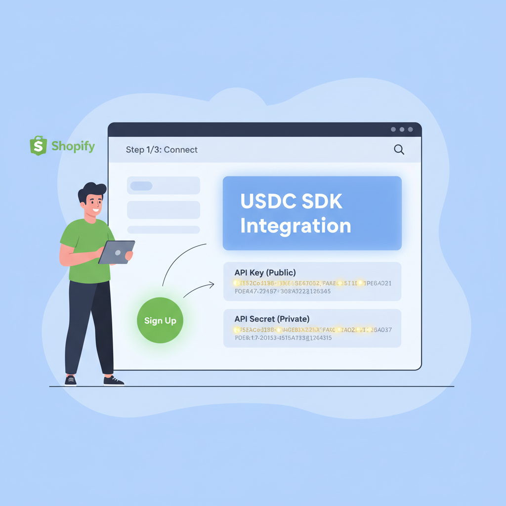 Shopify merchant signing up for USDC SDK, modern dashboard with API keys glowing
