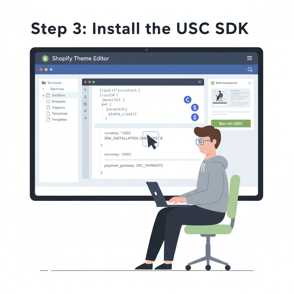 Developer installing SDK code in Shopify theme editor, code snippets and USDC icons