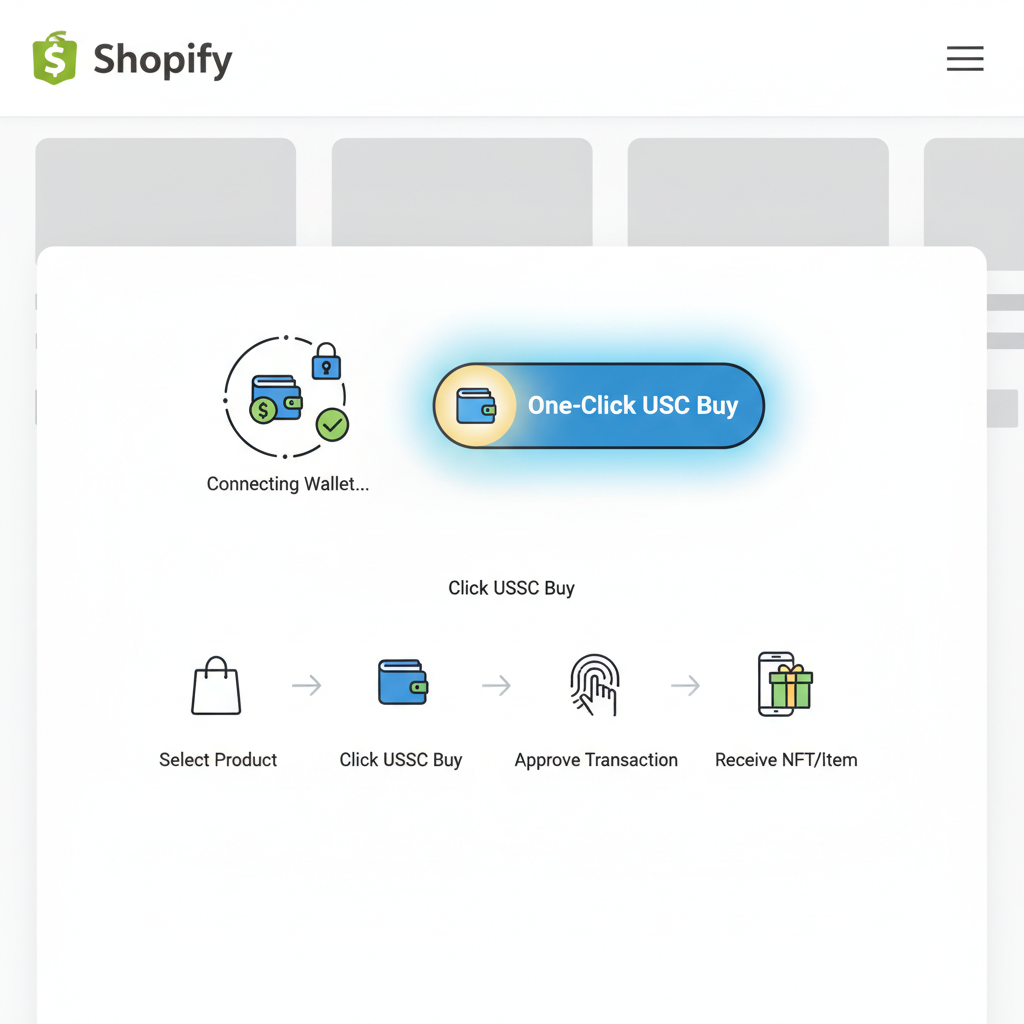 Shopify product page with glowing one-click USDC button, wallet connecting animation