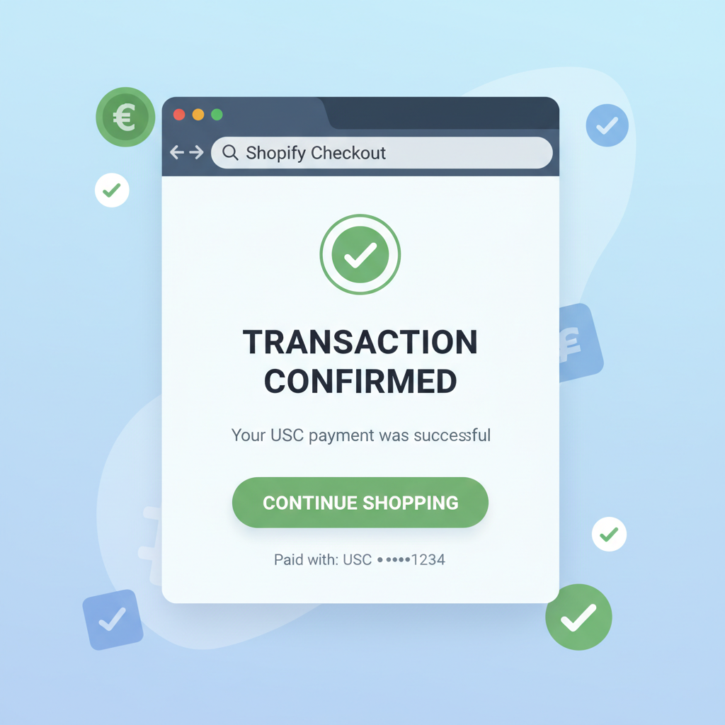 Testing USDC checkout on Shopify, success screen with transaction confirmed