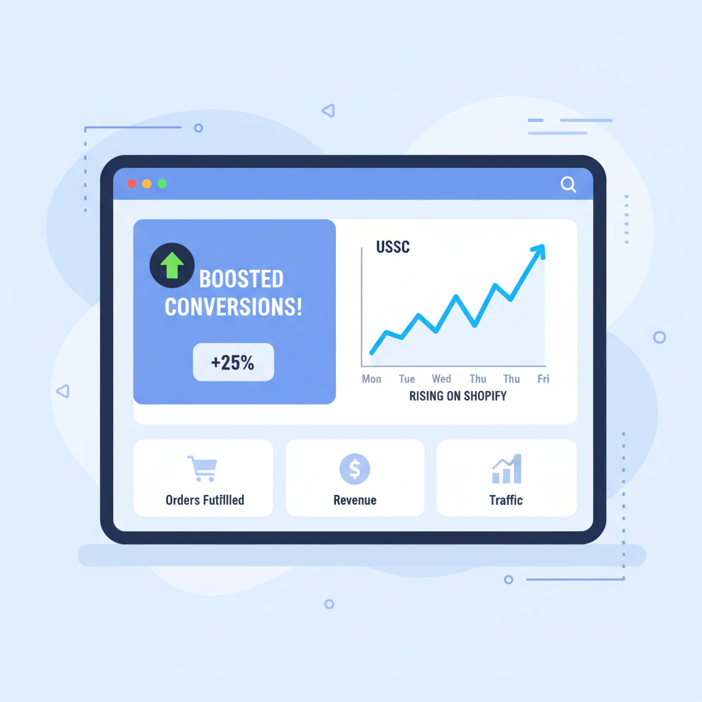 Analytics dashboard showing boosted conversions, USDC charts rising on Shopify store