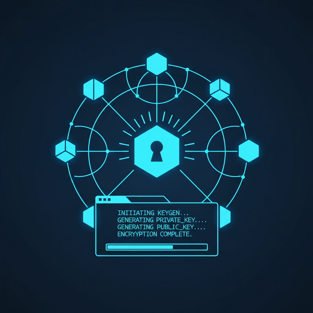 glowing cryptographic key generation in neon blue, blockchain nodes connecting, futuristic terminal interface