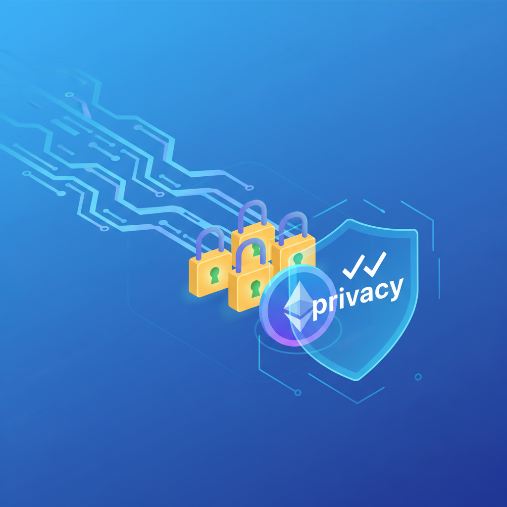data streams encrypting into glowing padlocks, ethereum base L2 network, privacy shield activating