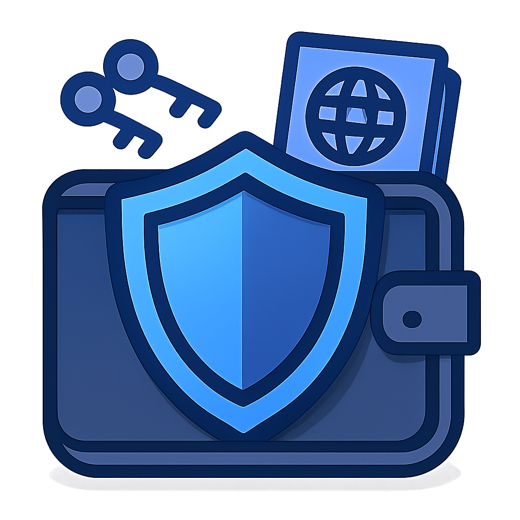 A shield icon overlaying a digital wallet, with cryptographic keys and a passport symbol, secure futuristic style