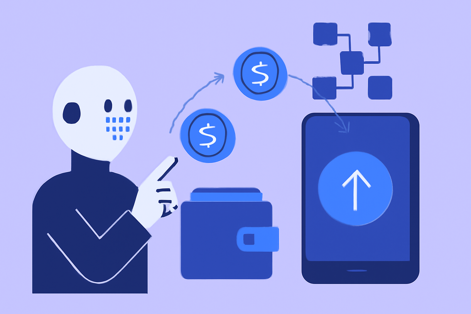 A stylized AI agent sending a transaction from a digital wallet, with blockchain nodes and USDC tokens in motion