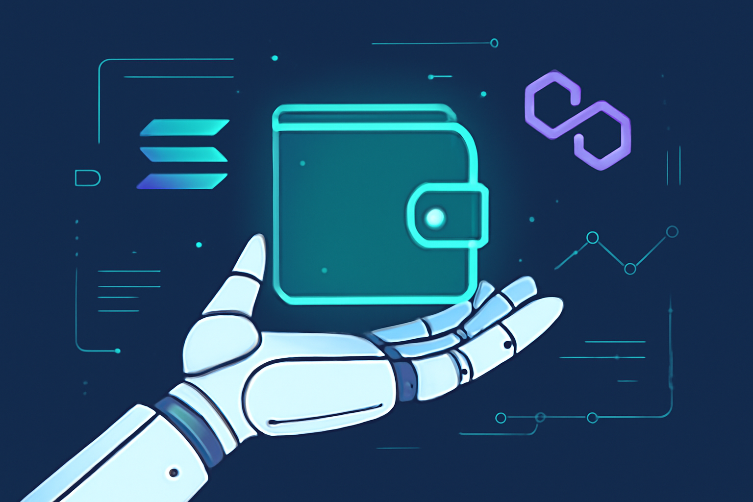 A digital robot hand holding a glowing crypto wallet, with Solana and Polygon logos in the background, futuristic UI overlays