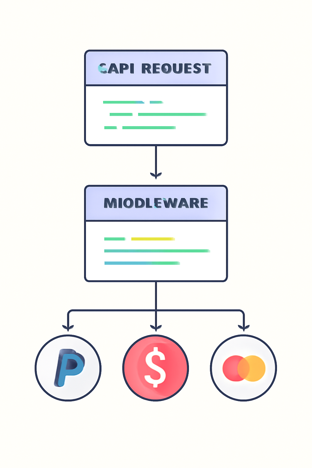 A flowchart showing API requests passing through middleware, with payment icons and clean code blocks