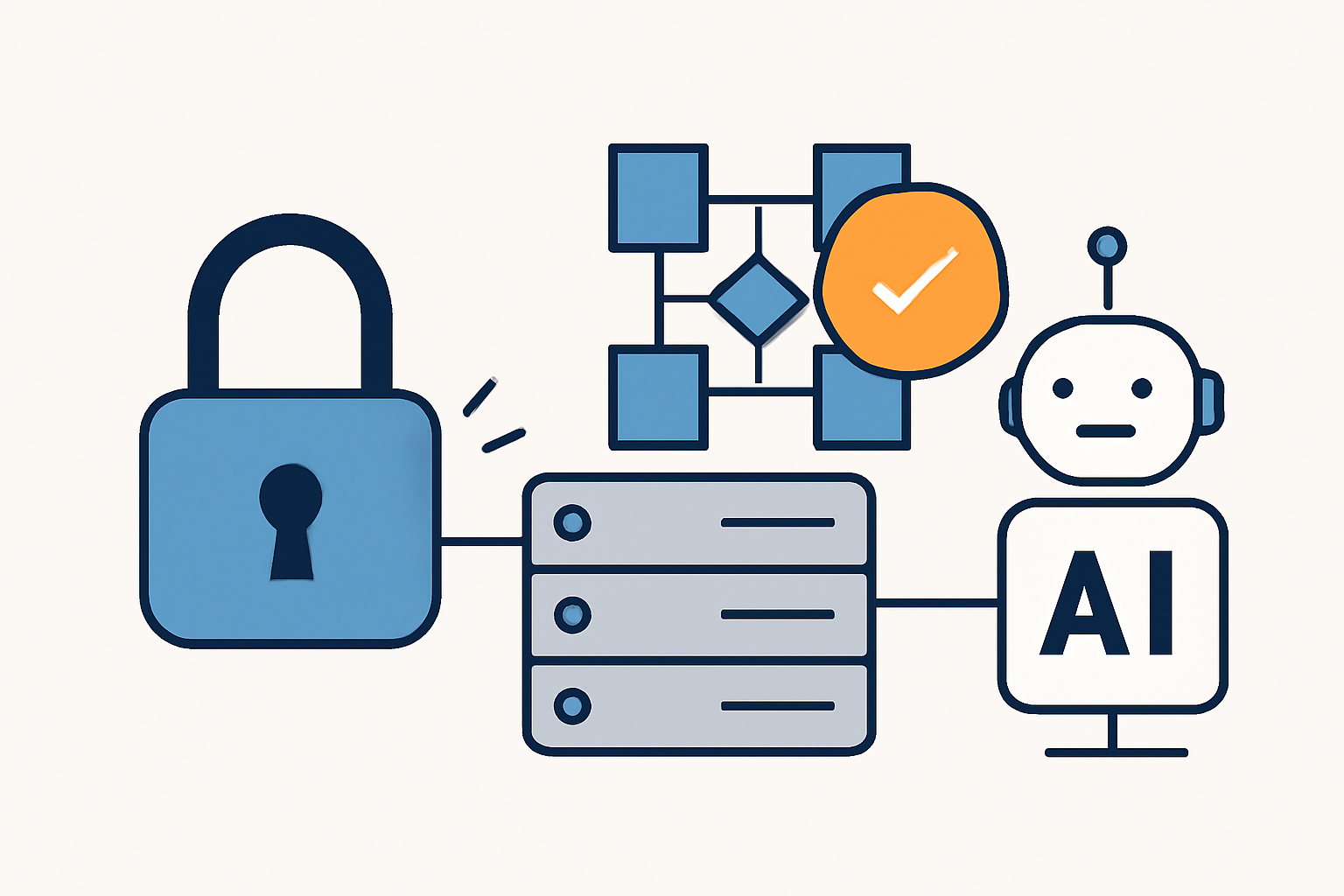 A digital lock unlocking on a resource server, with a blockchain transaction checkmark and AI agent accessing data