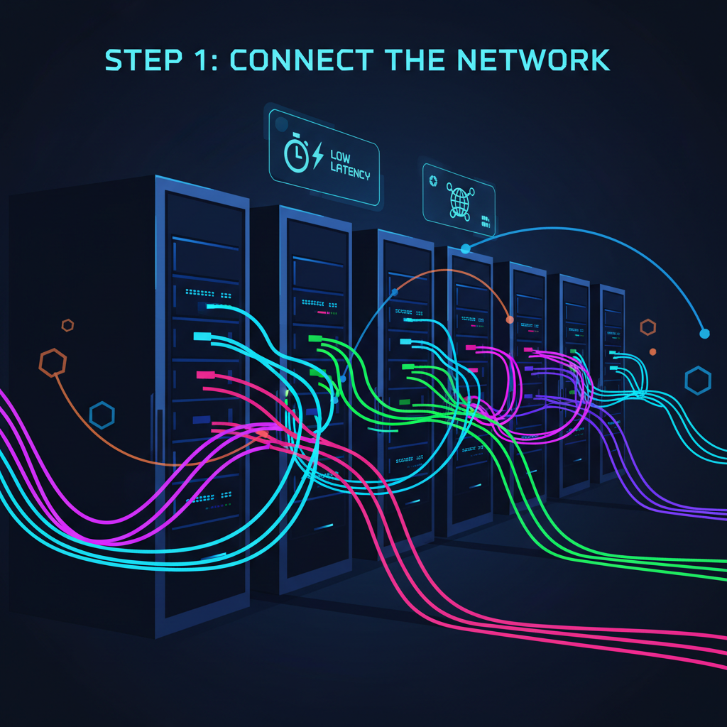 futuristic data center servers with glowing fiber optic cables, low latency network visualization, cyberpunk style
