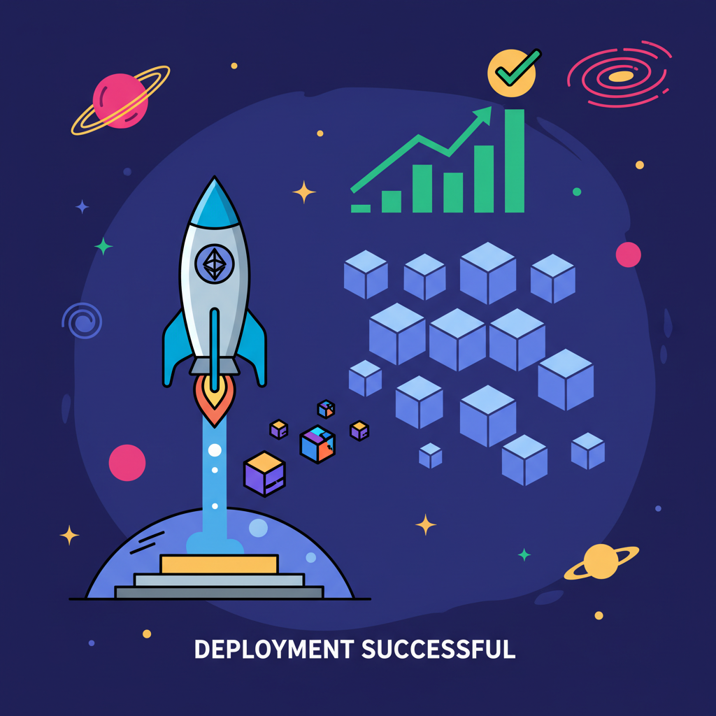 deployment rocket launching ethereum bundles into blockspace, success charts rising, epic space theme