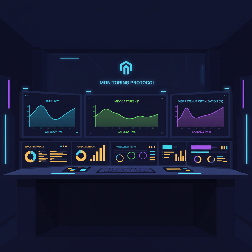 dashboard with graphs of latency, MEV metrics, glowing screens in dark room, high-tech monitoring