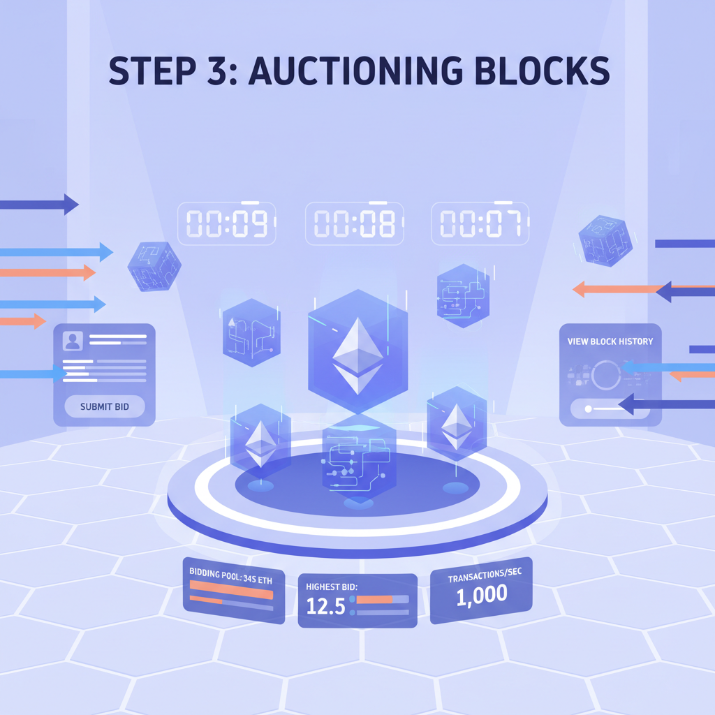 simulation of ethereum blocks auctioning with timers and speed effects, virtual testing lab