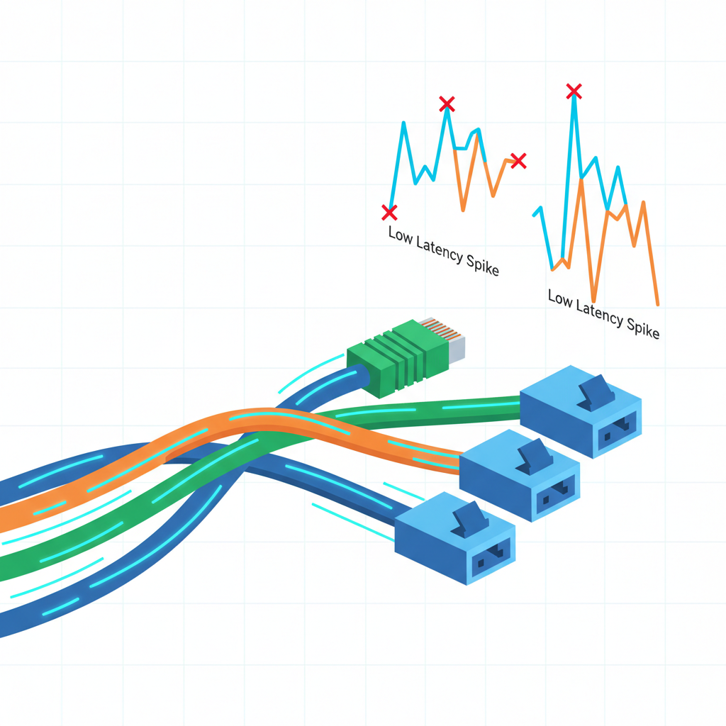 network cables and graphs showing low latency spikes, speed lines and ethernet ports, digital art