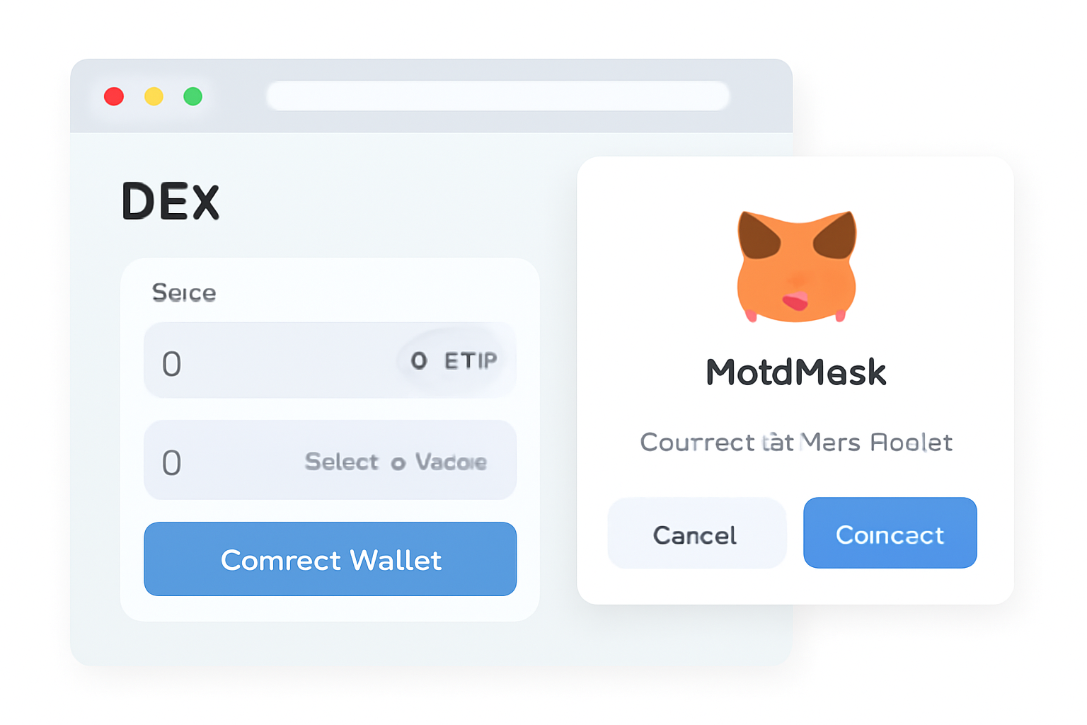 A browser window showing a DEX interface with a 'Connect Wallet' button, and a pop-up from MetaMask confirming connection.