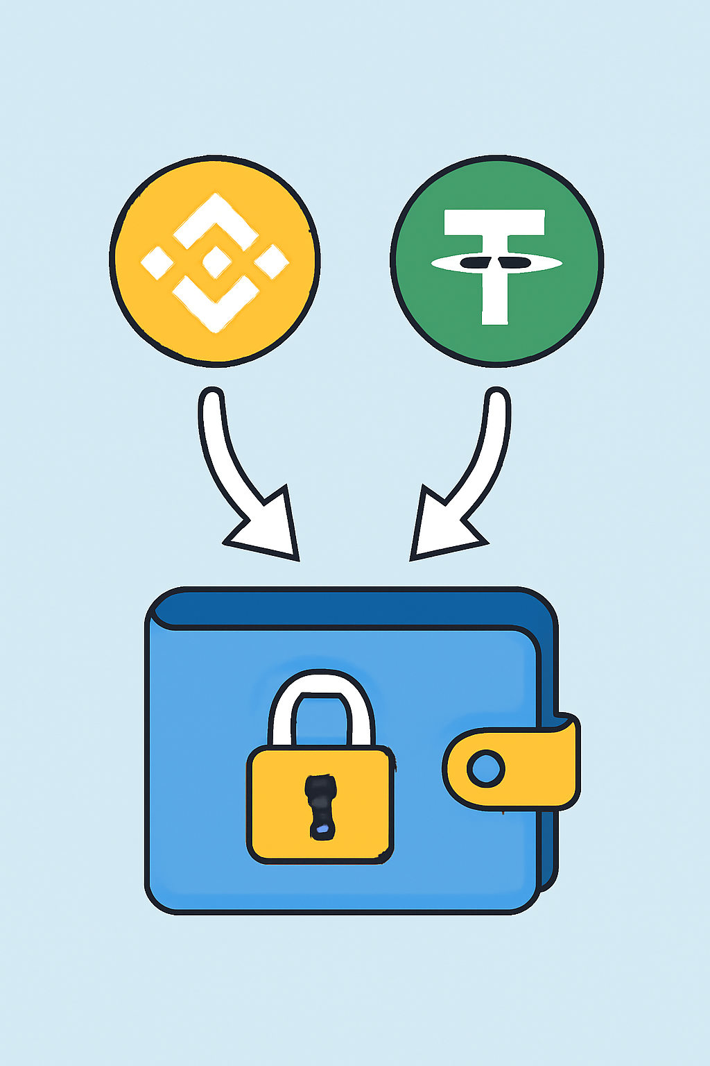 A digital wallet receiving BNB and USDT, with clear blockchain transfer arrows and a secure lock icon.