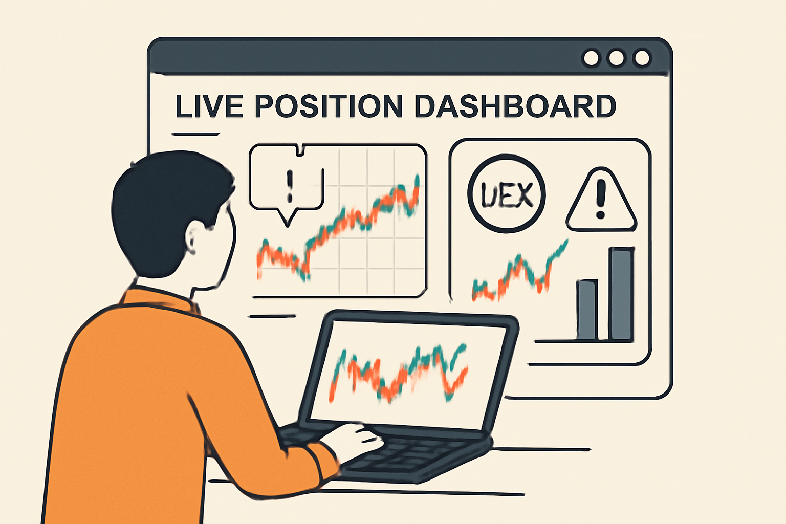 A trader monitoring a live position dashboard on a DEX, with fluctuating charts and alert notifications.
