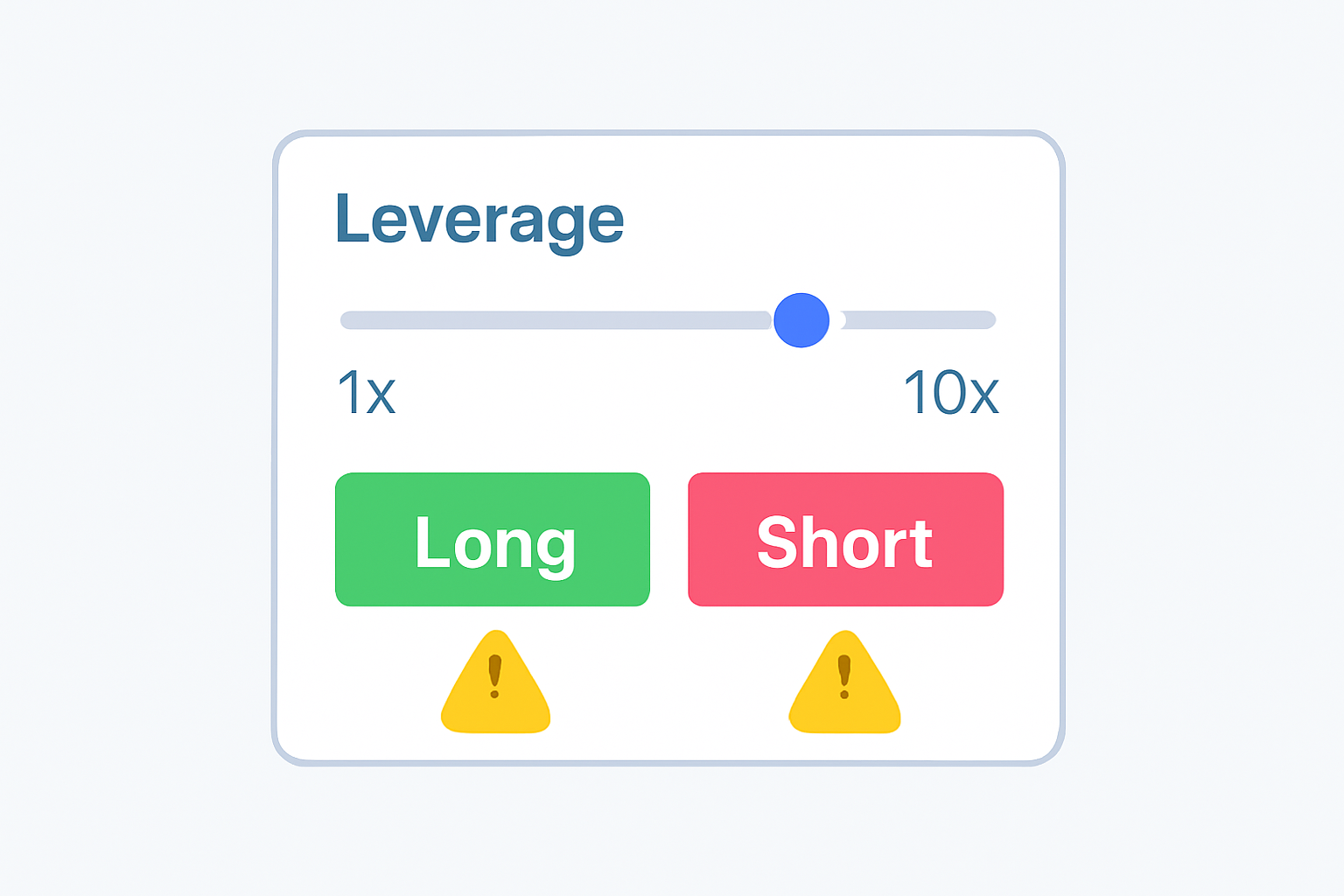A trading panel with a leverage slider, 'Long' and 'Short' buttons, and warning icons for risk.