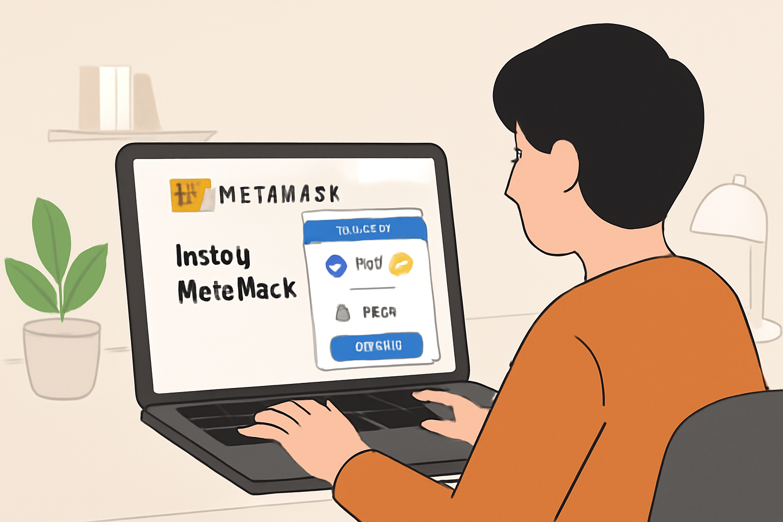 A person installing MetaMask on a laptop, showing a digital wallet interface with crypto icons, in a modern workspace.