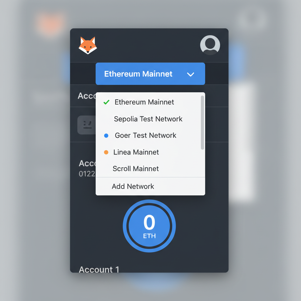 MetaMask popup with Ethereum Mainnet dropdown clicked open, network list visible