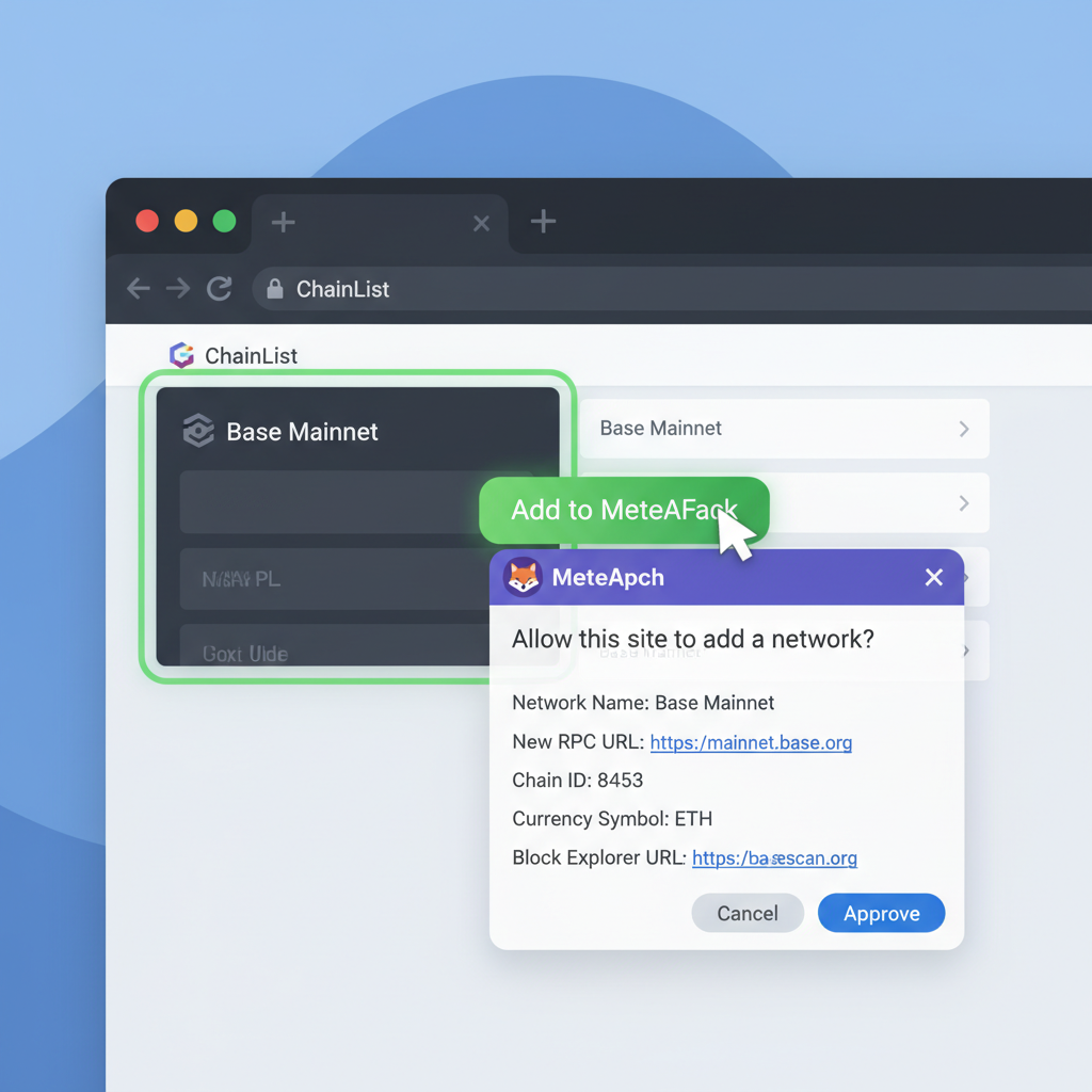 ChainList Base Mainnet card selected, green Add to MetaMask button clicked, network details visible