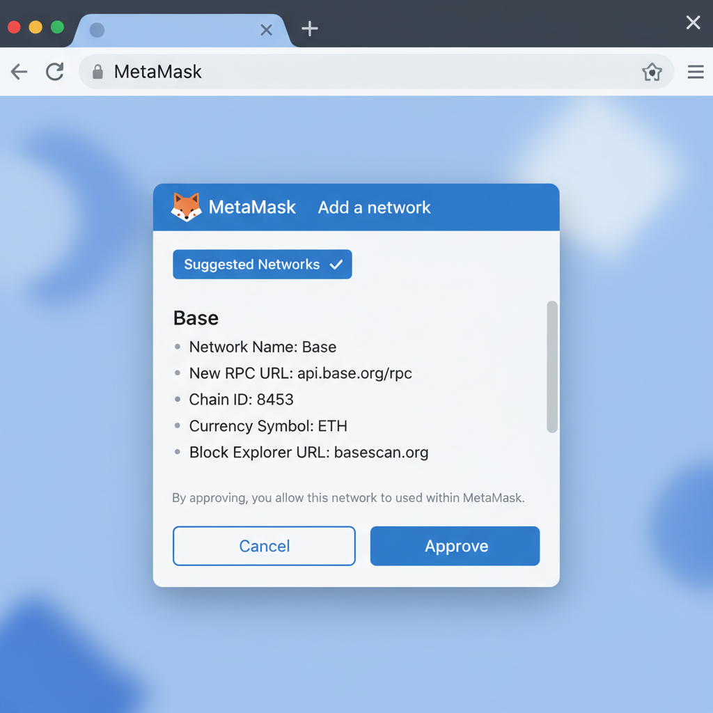 MetaMask extension popup approving Base network addition, details listed, approve button