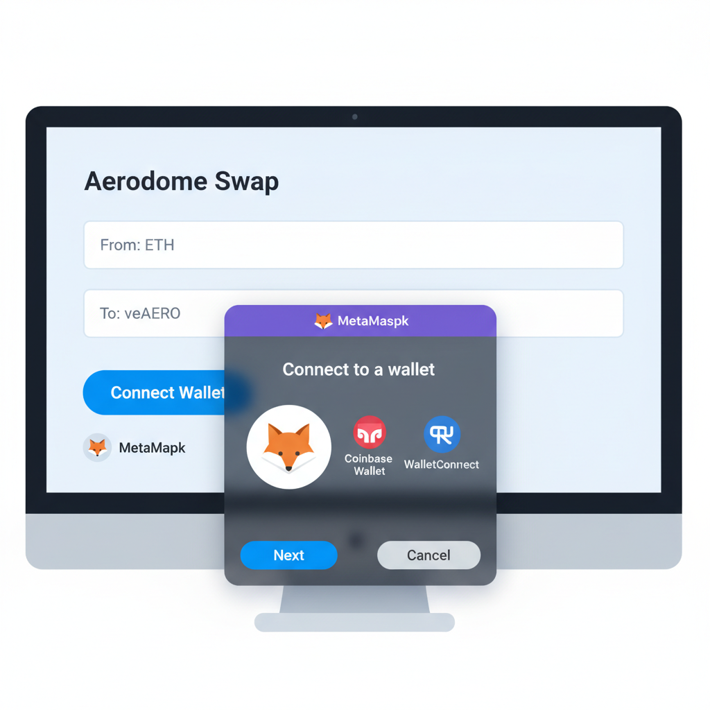 Aerodrome swap page with Connect Wallet button, MetaMask popup