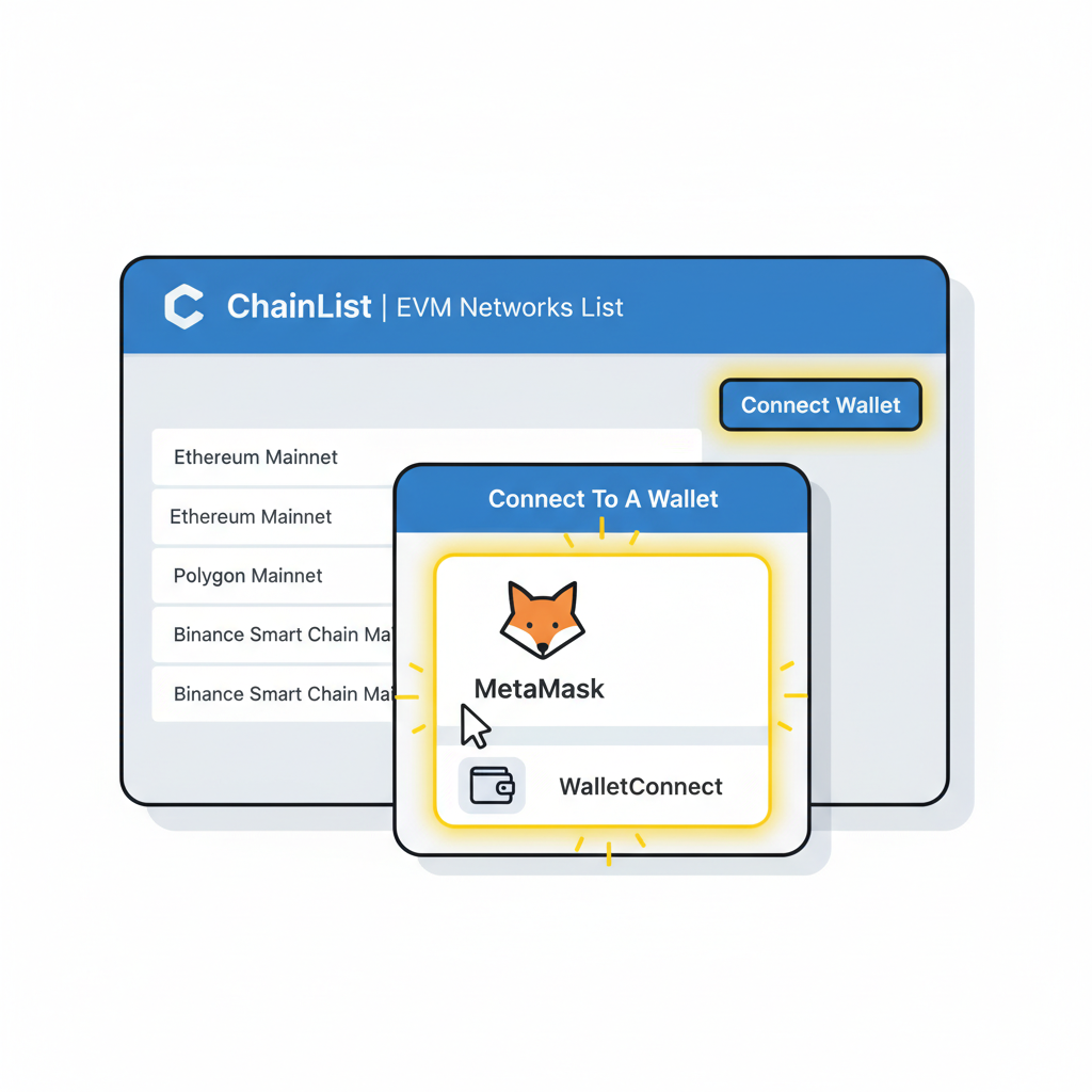ChainList page with Connect Wallet button highlighted and MetaMask popup