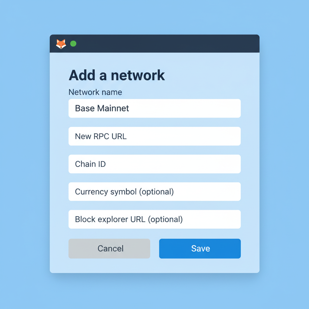 MetaMask add network form, 'Network name' field filled with 'Base Mainnet'