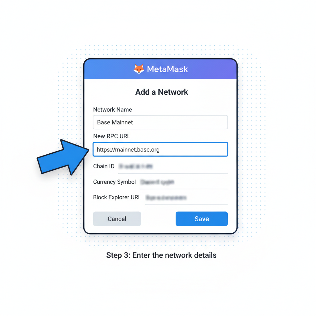 MetaMask form with RPC URL field showing https://mainnet.base.org
