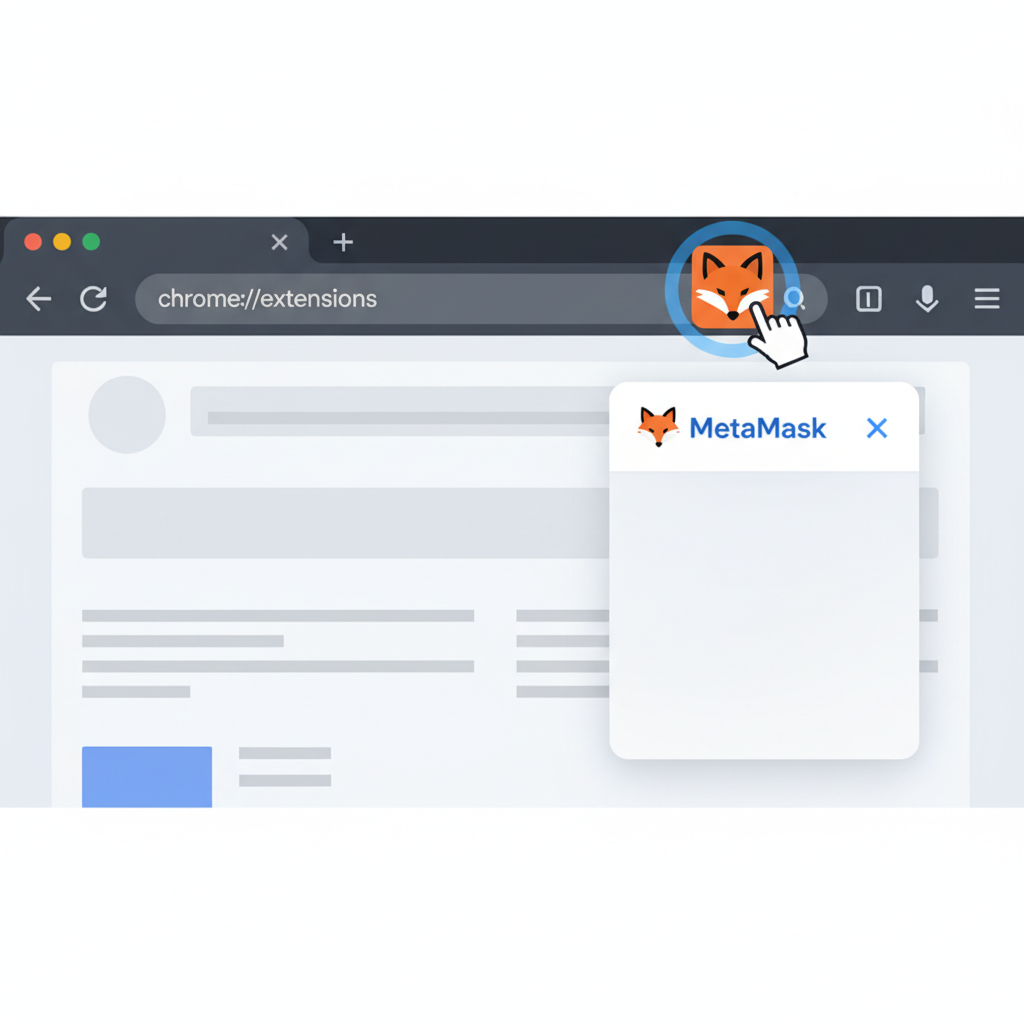 MetaMask fox icon clicked in Chrome browser toolbar, popup opening, clean modern UI