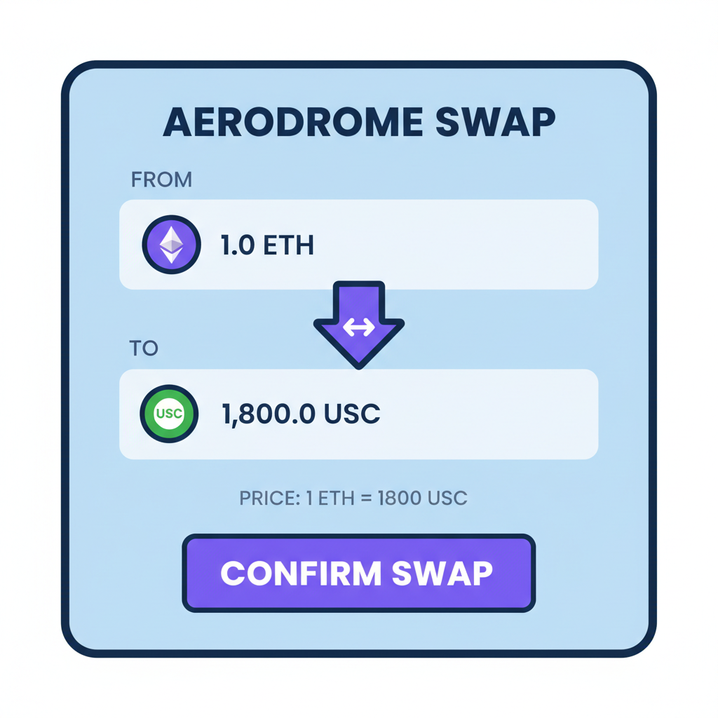 Aerodrome swap interface with ETH to USDC trade setup, confirm button