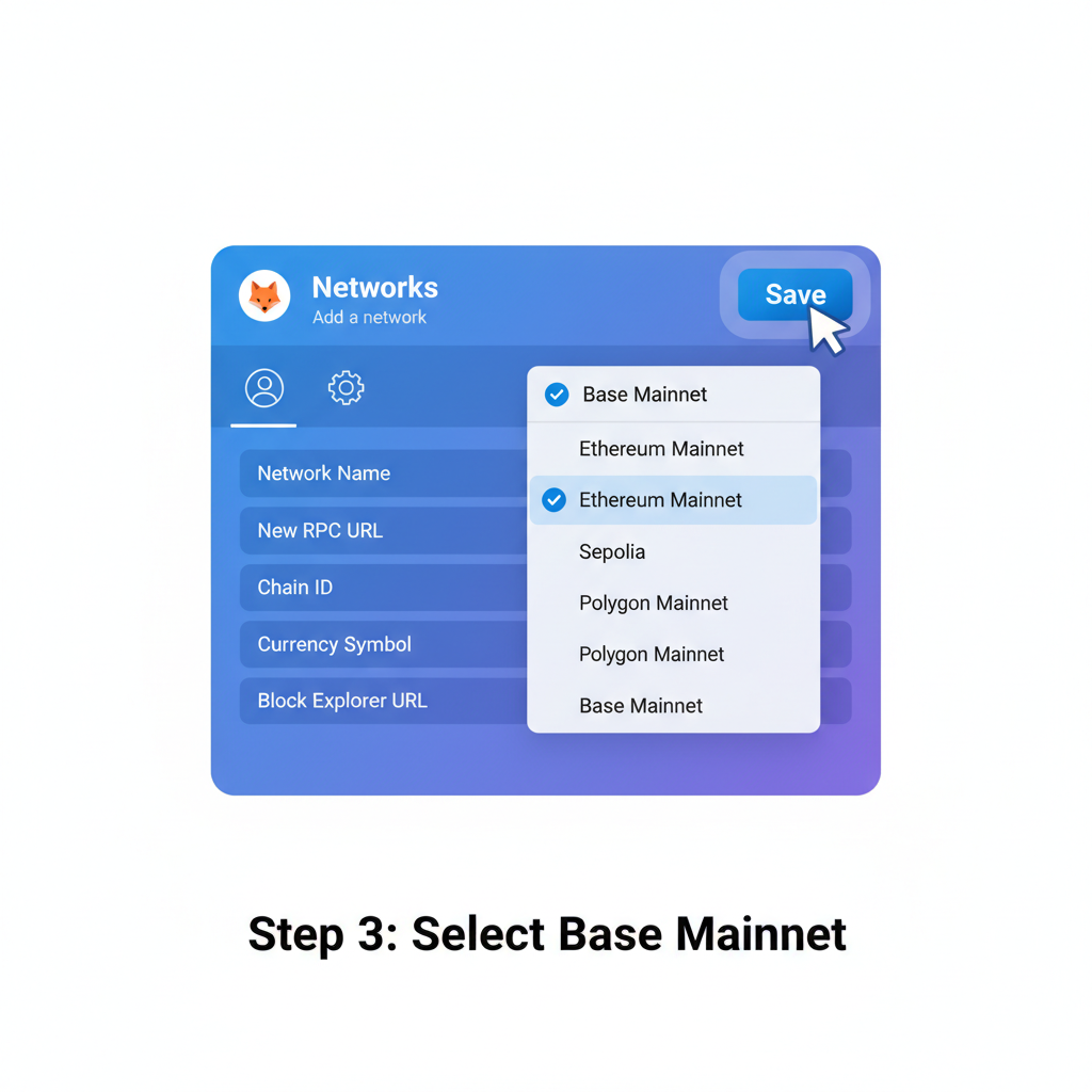 MetaMask save button clicked, switching to Base Mainnet network
