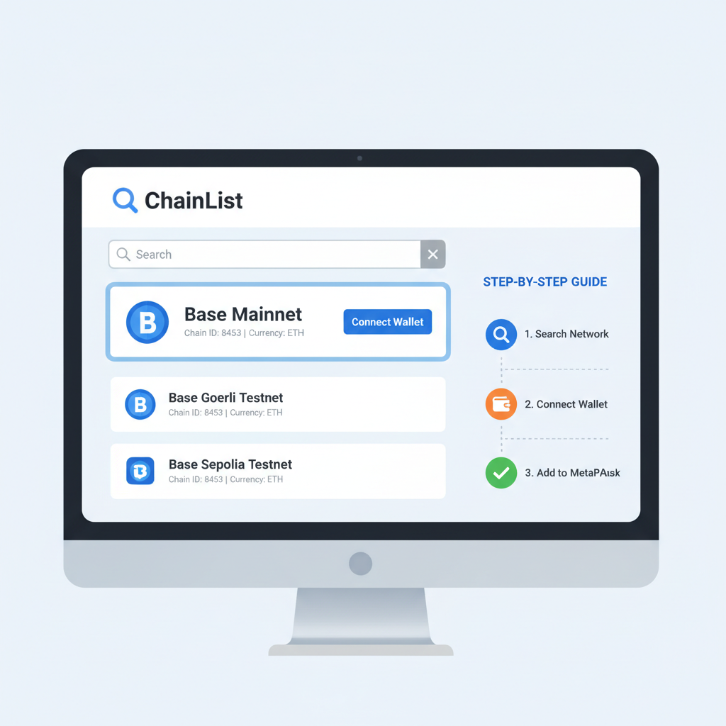 ChainList search results page showing Base Mainnet at top, search bar with 'Base Mainnet' typed