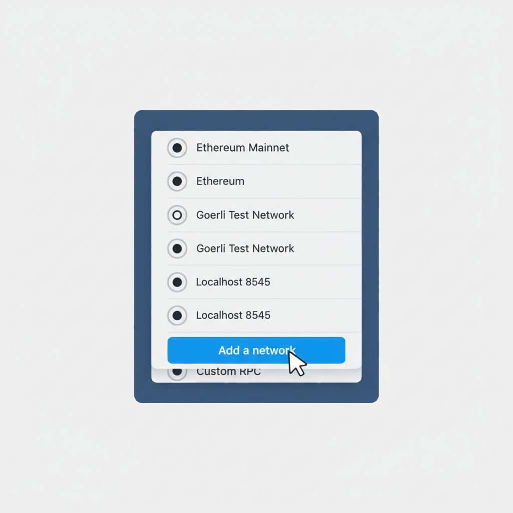 MetaMask network menu scrolled down, 'Add a network' button highlighted
