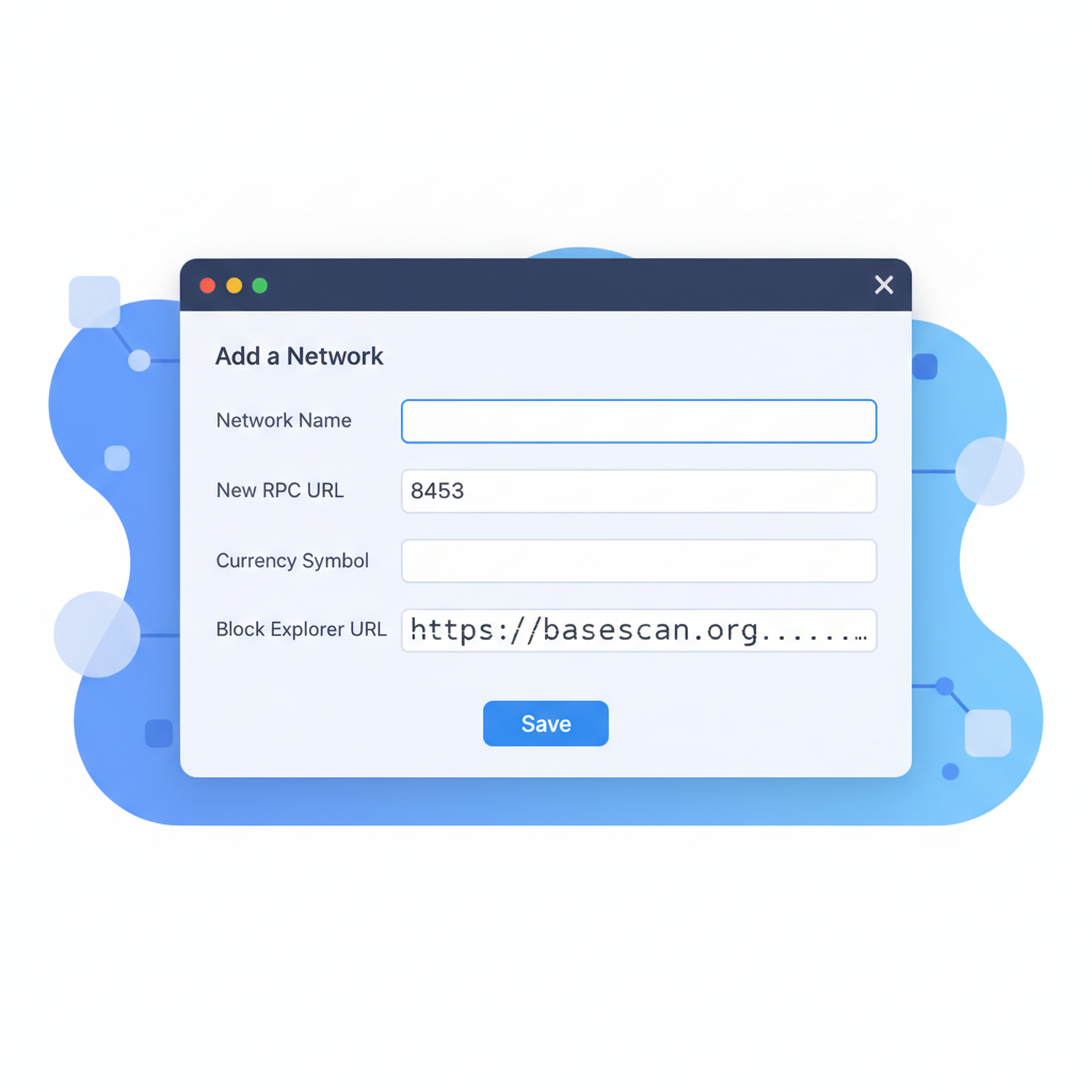 MetaMask Chain ID field filled with 8453, form partially complete