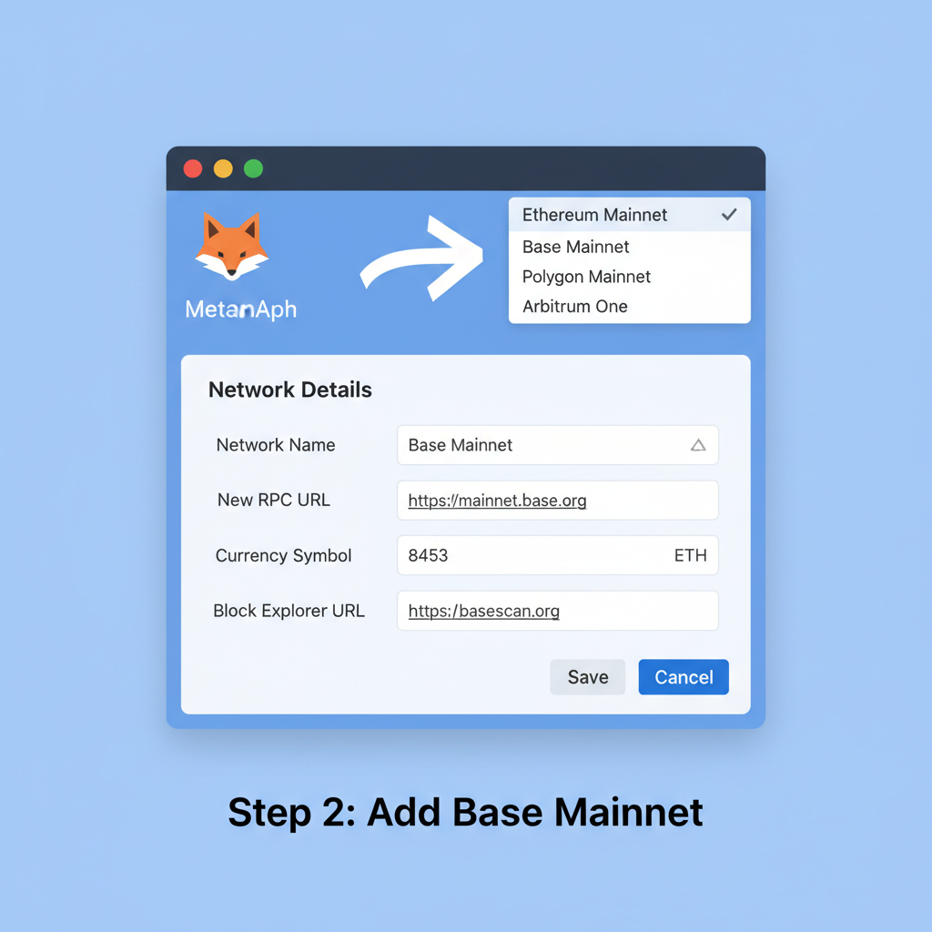MetaMask popup with Base Mainnet selected in network dropdown, RPC details visible