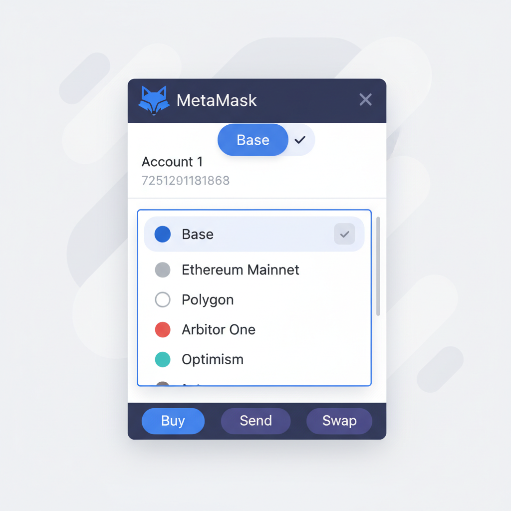 MetaMask wallet interface with Base network selected in dropdown, network list open