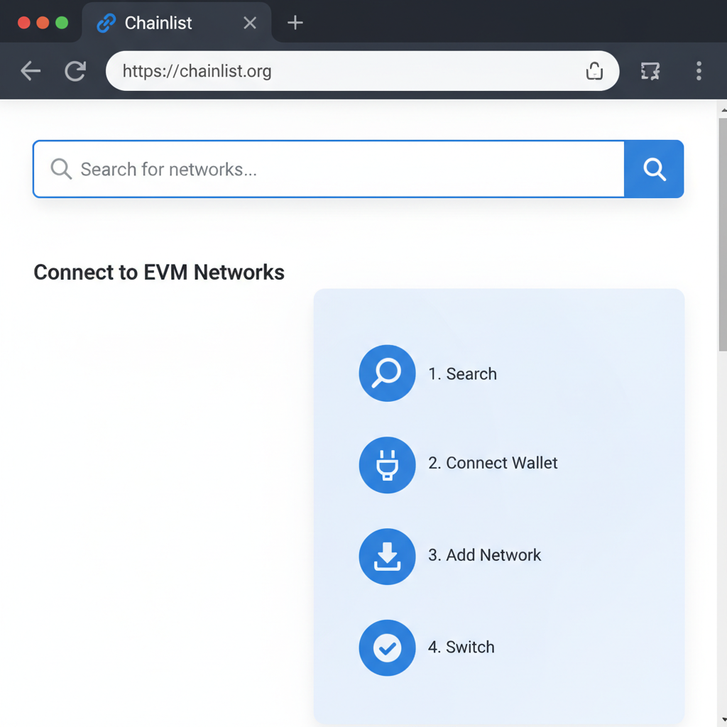 clean browser window open to chainlist.org homepage, modern UI, blue theme, search bar prominent
