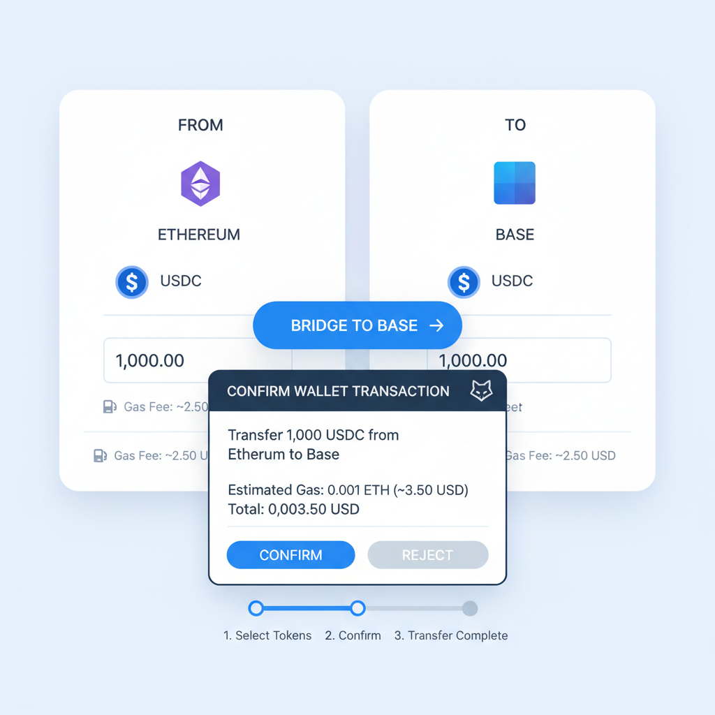 Clean DeFi bridge interface showing USDC transfer from Ethereum to Base network, wallet popup confirmation, blue tones