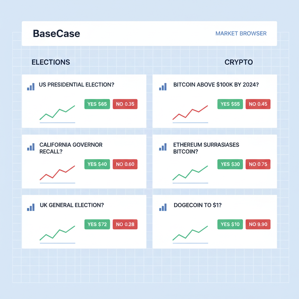 BaseCase market browser grid showing prediction markets on elections and crypto, charts and Yes/No prices visible