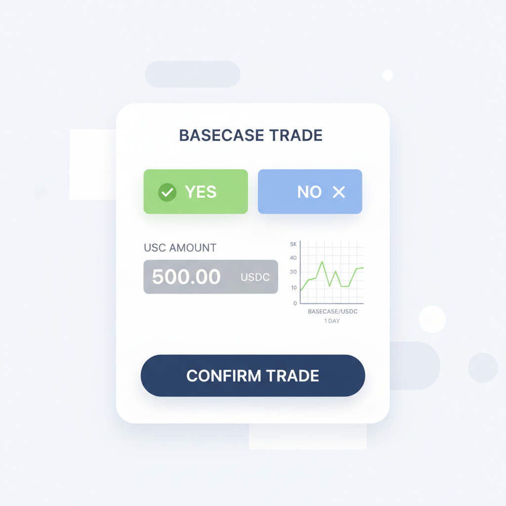 BaseCase trade interface with Yes/No shares selection, USDC input, price chart, confirm button