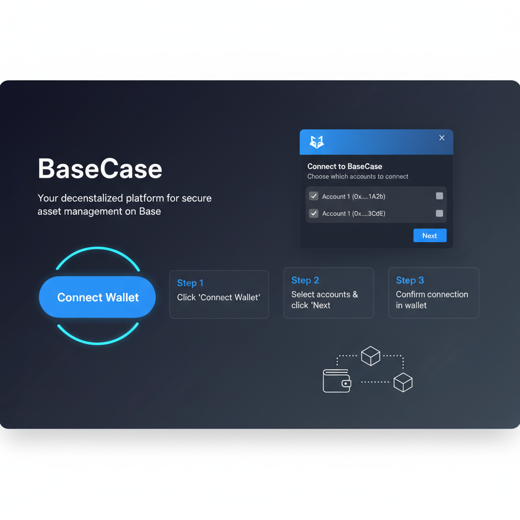 BaseCase homepage with wallet connect button highlighted, MetaMask popup, modern dark UI on Base chain
