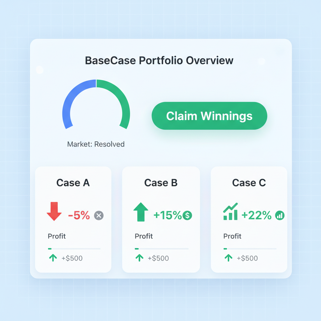 BaseCase portfolio dashboard showing resolved market, claim winnings button, green profit indicators