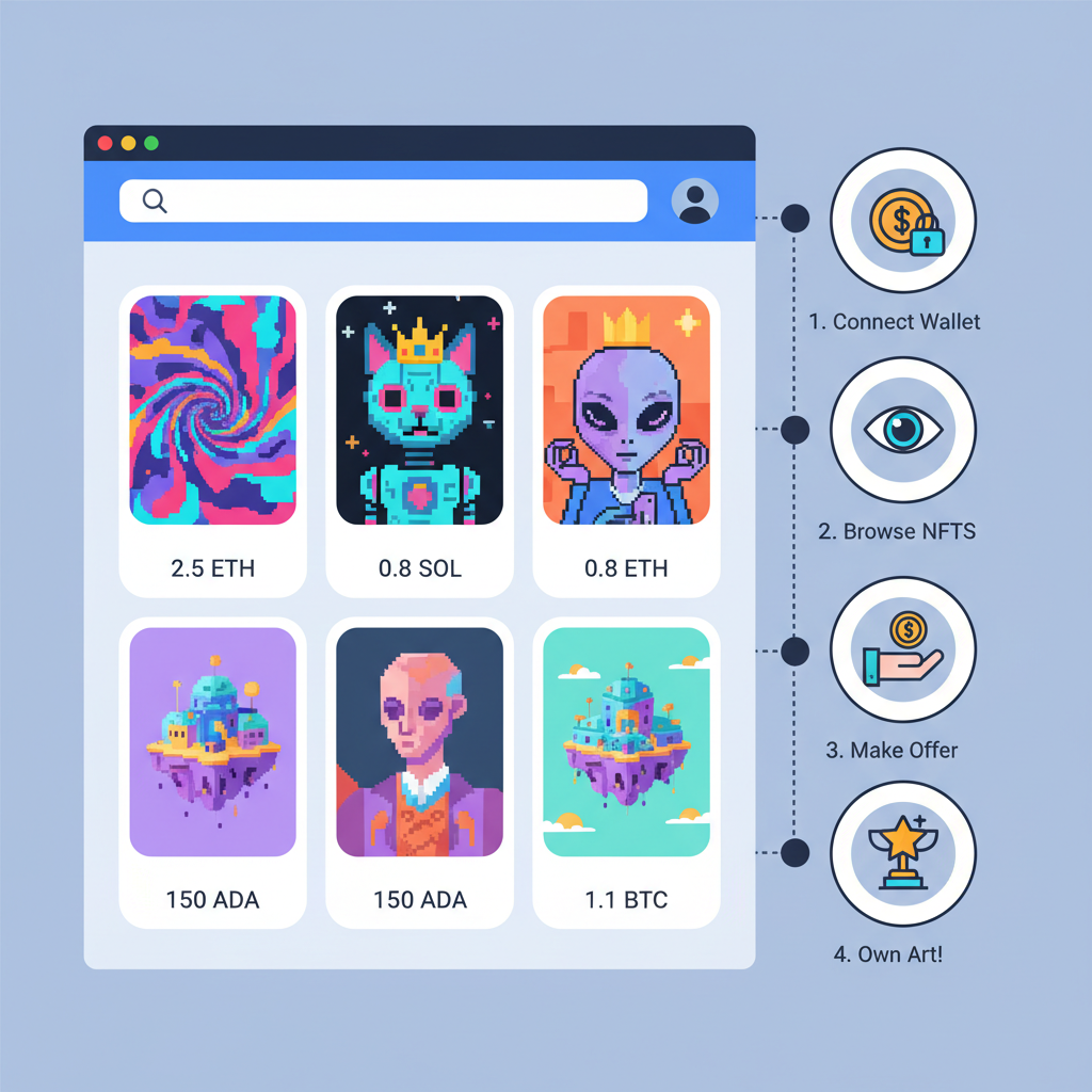 NFT marketplace interface showing diverse unrelated NFT listings with price tags, vibrant crypto art thumbnails