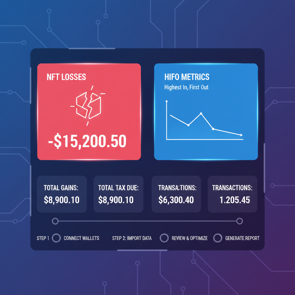 sleek dashboard of crypto tax software highlighting red NFT loss with HIFO metrics, futuristic UI, neon accents