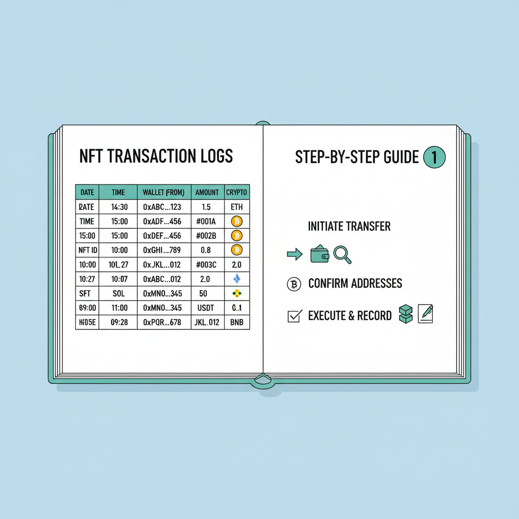 notebook with detailed NFT transaction logs, wallet addresses, timestamps, crypto icons