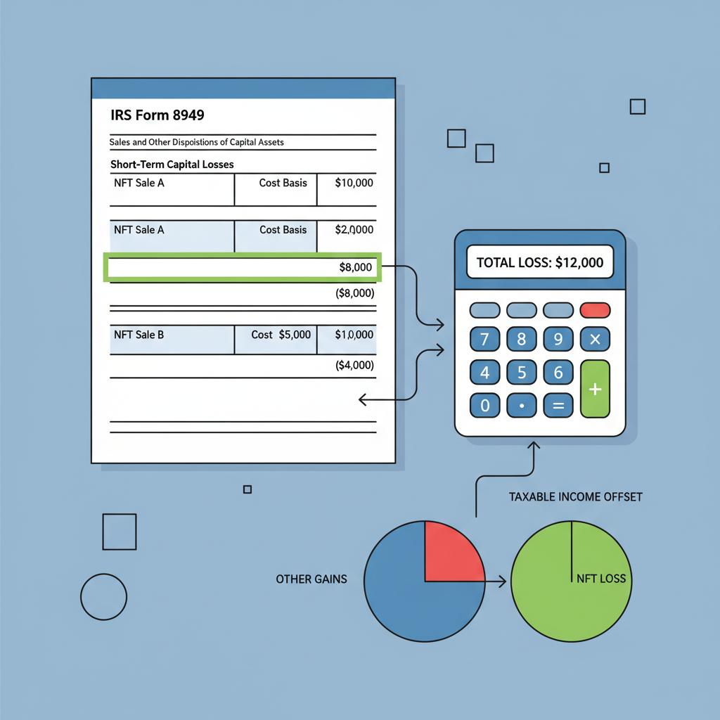 tax form with NFT loss entries highlighted green, calculator and charts showing offsets